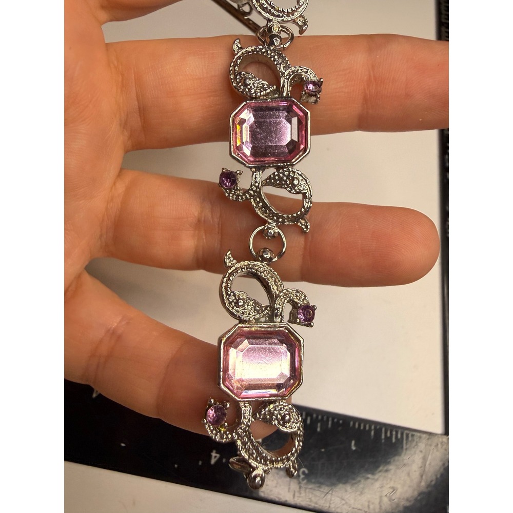 Silver Tone Pink Emerald Cut Rhinestone Toggle Bracelet with Purple Accents